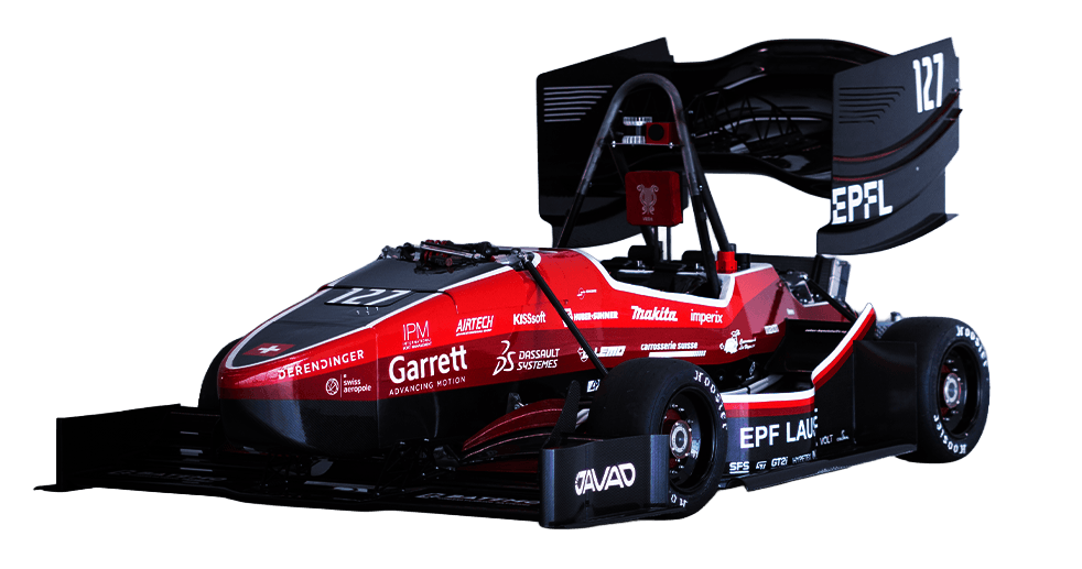 Monoplace rouge et noire de l'EPFL Racing Team